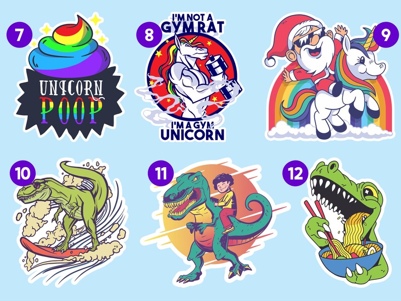 Peut inclure: Ensemble de 6 autocollants color&eacute;s illustrant divers dessins humoristiques. Les autocollants comprennent un caca de licorne arc-en-ciel, une licorne muscl&eacute;e soulevant des poids, le P&egrave;re No&euml;l chevauchant une licorne, un dinosaure faisant du surf, un dinosaure chevauchant un dinosaure et un dinosaure mangeant des nouilles.