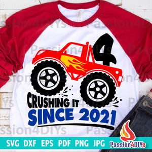 Monster Truck verjaardag SVG, 4e verjaardag jongen Svg, Truck Svg, Png, Dxf, Eps, Pdf, geweldig sinds 2021 Shirtontwerp, Cricut silhouetbestanden