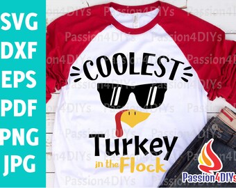 Coolest Turkey in the Flock Svg, Thanksgiving Svg, Boy Funny Turkey Face Shirt Design Svg Dxf Eps Png Newborn Clipart Silhouette Cricut