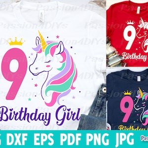 9 anos unicórnio aniversariante menina SVG - 9º aniversário unicórnio svg, 9 anos unicórnio aniversariante menina svg, aniversário sublimação svg silhueta cricut