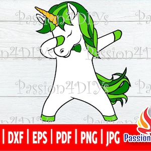 May include: A white unicorn illustration with green hair, a green bow tie, and green accents on its hooves and arms, dabbing. The unicorn has a golden horn. The image includes the text "Passion4DIYs" and file type abbreviations.