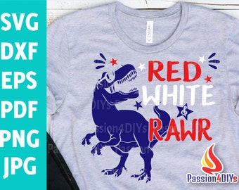 4th of July Svg, Red White and Rawr Svg, Boy 4th of July Svg, Patriotic Dinosaur USA T-Rex, Dino American Independence Flag Cut Files