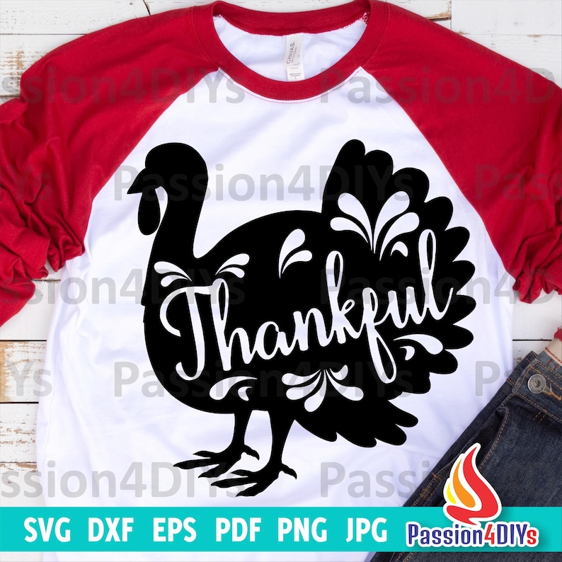 May include: A white t-shirt with a red raglan sleeve design. A black silhouette of a turkey with the word "Thankful" inside the turkey's body. The turkey has a floral design on its feathers.