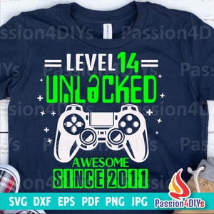 Level 14 Unlocked svg / 14th Birthday Boy Gamer / 14 years Old Gamer Tshirt Video Game Controller Joystick Png Sublimation Cricut Silhouette