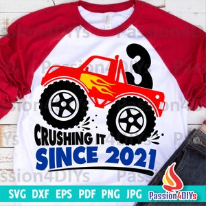 Monster Truck Birthday SVG, 3rd Birthday Boy Svg, Truck Svg, Png, Dxf, Eps, Pdf, Awesome Since 2021 Shirt design, Cricut Silhouette Files