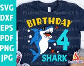 Shark 4th Birthday Svg, Boy Birthday Shark 4 Svg, Fourth Birthday Shirt Design, Shark Party Clipart Dxf Eps Png Cut Files Cricut Silhouette