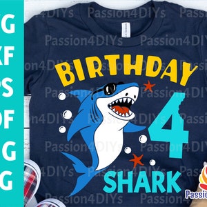 Hai 4. Geburtstag svg, Junge Geburtstag Hai 4 svg, vierter Geburtstags-Shirt-Design, Hai Party Clipart Dxf Eps Png Cut Files Cricut Silhouette