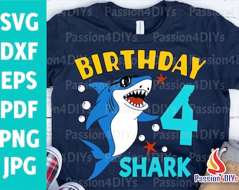 Svg de tiburón para el cuarto cumpleaños, Svg de tiburón para el cuarto cumpleaños de un niño, diseño de camiseta para el cuarto cumpleaños, archivos de corte Dxf, Eps y Png de fiesta de tiburón, silueta de Cricut