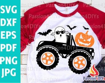 Pumpkin Monster Truck Svg, Cute Ghost Svg, Halloween Pumpkin Smasher Boys Shirt Design, DXF, EPS, PNG Fall Cut file Ready Cricut, Silhouette