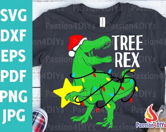 Árbol rex svg, Dinosaurio navideño Svg, Papá Noel T-Rex Svg, Dinosaurio navideño con luces Svg, Dxf, Eps, Png, Divertidos archivos de corte navideños Silhouette, Cricut