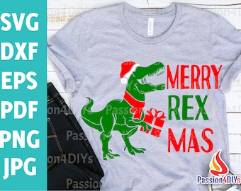 Merry Christmas Svg, Santa Dino Svg, Christmas Dinosaur Svg, Dxf, Eps, Png, Holiday T-Rex Cut File, Funny Kids Shirt Svg, Silhouette, Cricut