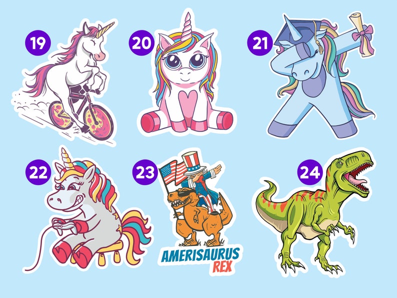 Peut inclure: Un ensemble de 6 autocollants color&eacute;s repr&eacute;sentant une licorne &agrave; v&eacute;lo, une licorne avec un c&oelig;ur rose, une licorne faisant le dab, une licorne jouant &agrave; des jeux vid&eacute;o, un dinosaure chevauchant un T-Rex et un T-Rex. Les autocollants sont num&eacute;rot&eacute;s de 19 &agrave; 24.