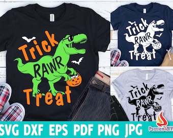 Trick Rawr Treat Svg, Halloween Svg, Dinosaur Svg, Funny T-Rex with Pumpkin Svg, Dxf, Eps, Png, Kids Svg, Fall Cut Files, Silhouette, Cricut