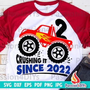 Monster Truck Birthday SVG, 2nd Birthday Boy Svg, Truck Svg, Png, Dxf, Eps, Pdf, Awesome Since 2022 Shirt design, Silhouette Cameo Files