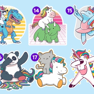 Peut inclure: Un ensemble de 6 autocollants color&eacute;s repr&eacute;sentant une licorne chevauchant un dinosaure, une licorne chevauchant un tric&eacute;ratops, une licorne faisant une pose de ballerine, un panda chevauchant une licorne, un chat chevauchant une licorne et une licorne faisant le dab.