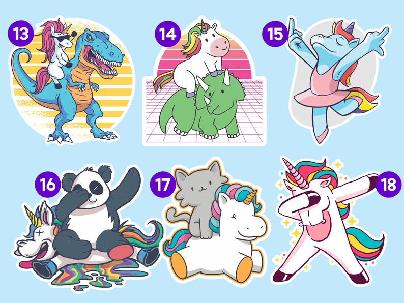 Peut inclure: Un ensemble de 6 autocollants color&eacute;s repr&eacute;sentant une licorne chevauchant un dinosaure, une licorne chevauchant un tric&eacute;ratops, une licorne faisant une pose de ballerine, un panda chevauchant une licorne, un chat chevauchant une licorne et une licorne faisant le dab.