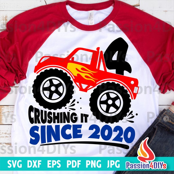 Monster Truck Birthday SVG, 4th Birthday Boy Svg, Truck Svg, Png, Dxf, Eps, Pdf, Awesome Since 2020 Shirt design, Cricut Silhouette Files