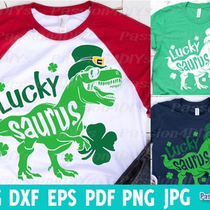 Lucky Saurus T-Rex Svg, St. Patrick’s T-Rex Svg, Dinosaur St Patricks Svg, Boy St Patricks Shirt Design Leprechaun Hat Dxf, Png Eps Cut File