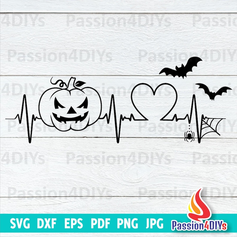 K&ouml;nnte beinhalten: Schwarzwei&szlig;es Grafikdesign eines Herzschlags mit einem K&uuml;rbisgesicht, einem Herzen, einer Spinne und einer Fledermaus. Der Text "Passion4DIYs" ist am unteren Rand des Bildes sichtbar.