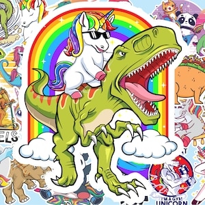 Peut inclure: Une illustration color&eacute;e d'un dinosaure vert avec une licorne qui lui monte sur le dos. Le dinosaure porte des lunettes de soleil et a un fond arc-en-ciel. L'image est entour&eacute;e d'autres autocollants avec diff&eacute;rents motifs, dont un dinosaure sur roues, une licorne avec une halt&egrave;re et une licorne qui fait du skateboard.