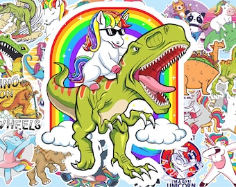 Unicorn Riding Dinosaur T-Rex Sticker - Unicorn Dinosaur Decal Gift - Rainbow Decal for Laptop, Skateboard, Luggage, Water Bottles, Helmet