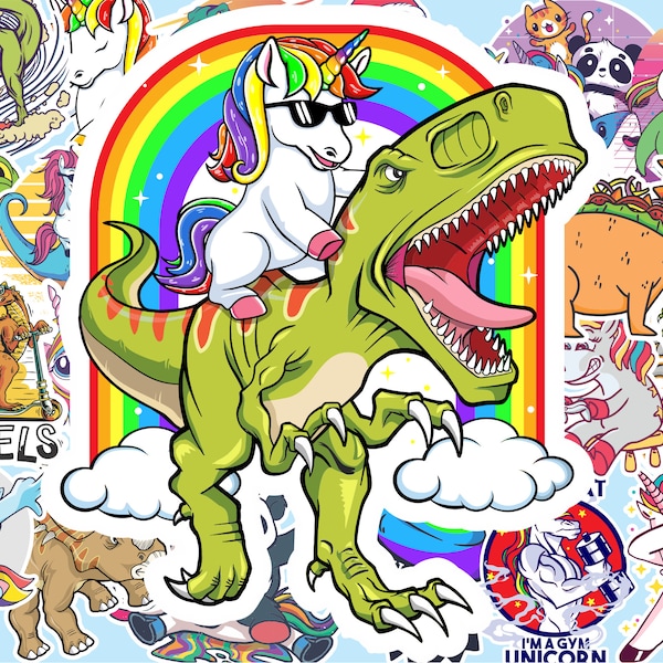 Unicorn Riding Dinosaur T-Rex Sticker - Unicorn Dinosaur Decal Gift - Rainbow Decal for Laptop, Skateboard, Luggage, Water Bottles, Helmet