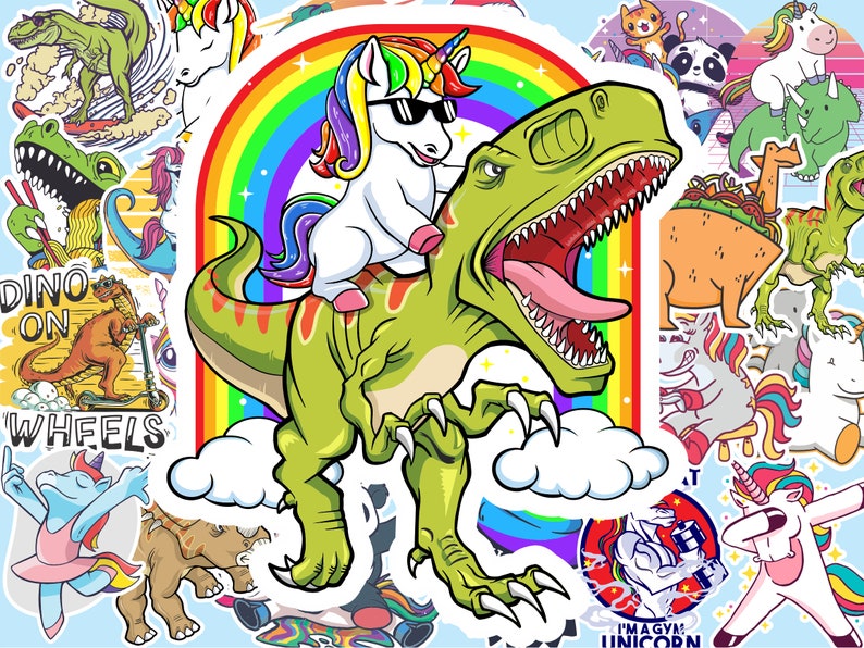 Peut inclure: Une illustration color&eacute;e d'un dinosaure vert avec une licorne qui lui monte sur le dos. Le dinosaure porte des lunettes de soleil et a un fond arc-en-ciel. L'image est entour&eacute;e d'autres autocollants avec diff&eacute;rents motifs, dont un dinosaure sur roues, une licorne avec une halt&egrave;re et une licorne qui fait du skateboard.