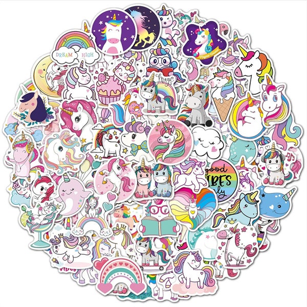 Unicorn Stickers Pack – Random Cute Unicorn Decals Gift for Laptop, Skateboard, Luggage, Water Bottles and Helmet (Freebies included)