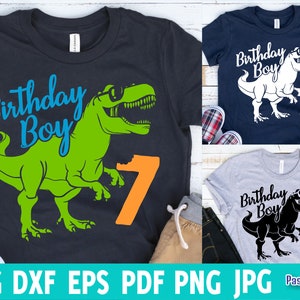 Dinosaurio cumpleaños niño Svg, niños siete rex Svg, camiseta rawr tengo 7 t-rex, séptimo cumpleaños saurio Svg eps png pdf cricut, archivos de corte de silueta