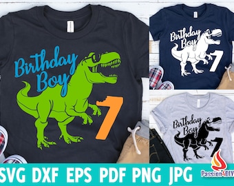 Dinosaure anniversaire garçon Svg, enfants Seven Rex Svg, Rawr j'ai 7 ans chemise T-rex, septième anniversaire Saurus Svg Eps Png Pdf Cricut, fichiers de coupe Silhouette