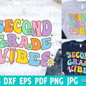 May include: A set of three colorful graphic designs featuring the text "Second Grade Vibes" in a retro style. The designs are perfect for creating t-shirts, mugs, tote bags, and other personalized items.