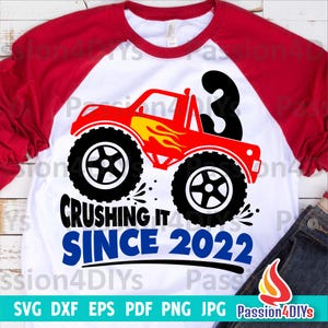 Monster Truck Birthday SVG, 3rd Birthday Boy Svg, Truck Svg, Png, Dxf, Eps, Pdf, Design de camisa incrível desde 2022, Arquivos de silhueta Cricut