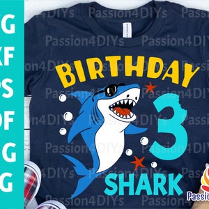 Requin 3e anniversaire Svg, garçon anniversaire requin 3 Svg, troisième anniversaire fille Design, requin fête Clipart Dxf Eps Png coupe fichiers Cricut Silhouette
