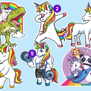 Peut inclure: Un ensemble de dix autocollants color&eacute;s repr&eacute;sentant des licornes dans diff&eacute;rentes poses. Les autocollants comprennent une licorne chevauchant un dinosaure, une licorne faisant le dab, une licorne avec une crini&egrave;re arc-en-ciel, une licorne soulevant des poids et une licorne chevauchant un requin.