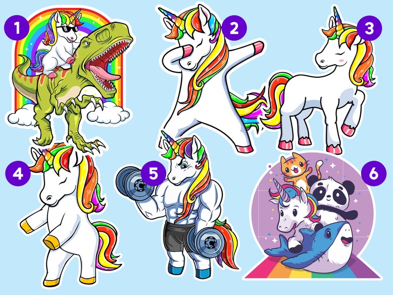 Peut inclure: Un ensemble de dix autocollants color&eacute;s repr&eacute;sentant des licornes dans diff&eacute;rentes poses. Les autocollants comprennent une licorne chevauchant un dinosaure, une licorne faisant le dab, une licorne avec une crini&egrave;re arc-en-ciel, une licorne soulevant des poids et une licorne chevauchant un requin.