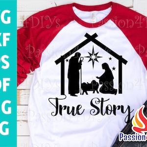 Histoire vraie SVG | Noël | Noël SVG | Scène de la Nativité de l&#39;Enfant Jésus, histoire vraie png | Fichier numérique découpé | Lettres manuscrites | Chemise True Studio