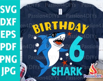 Svg de tiburón para el sexto cumpleaños, Svg de tiburón para el sexto cumpleaños de niño, diseño de camiseta para el sexto cumpleaños, archivos de corte Dxf, Eps y Png de fiesta de tiburón, silueta de Cricut
