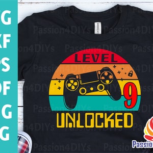 Level 9 Unlocked svg 9.Geburtstags-Junge-Gamer / 9 Jahre altes Gamer-T-Shirt Videospiel-Steuerpult Joyjoystick Png Sublimation Cricut Silhouette