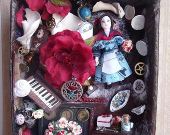 Alice in Wonderland 3D Shadow Box, Miniature Diorama, Down the Rabbit Hole, Victorian steampunk decor, wall art