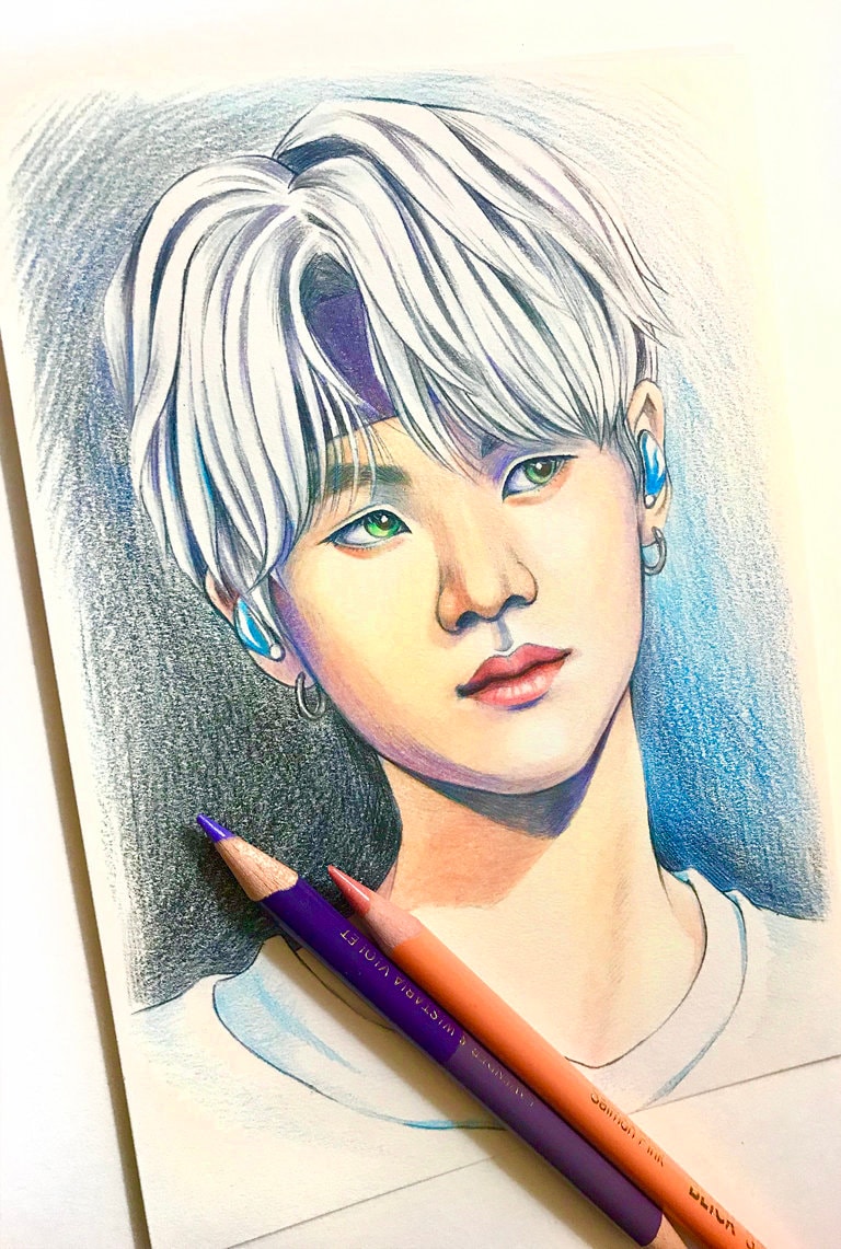 BTS Suga colored pencil drawing, BTS fan art Water Bottle