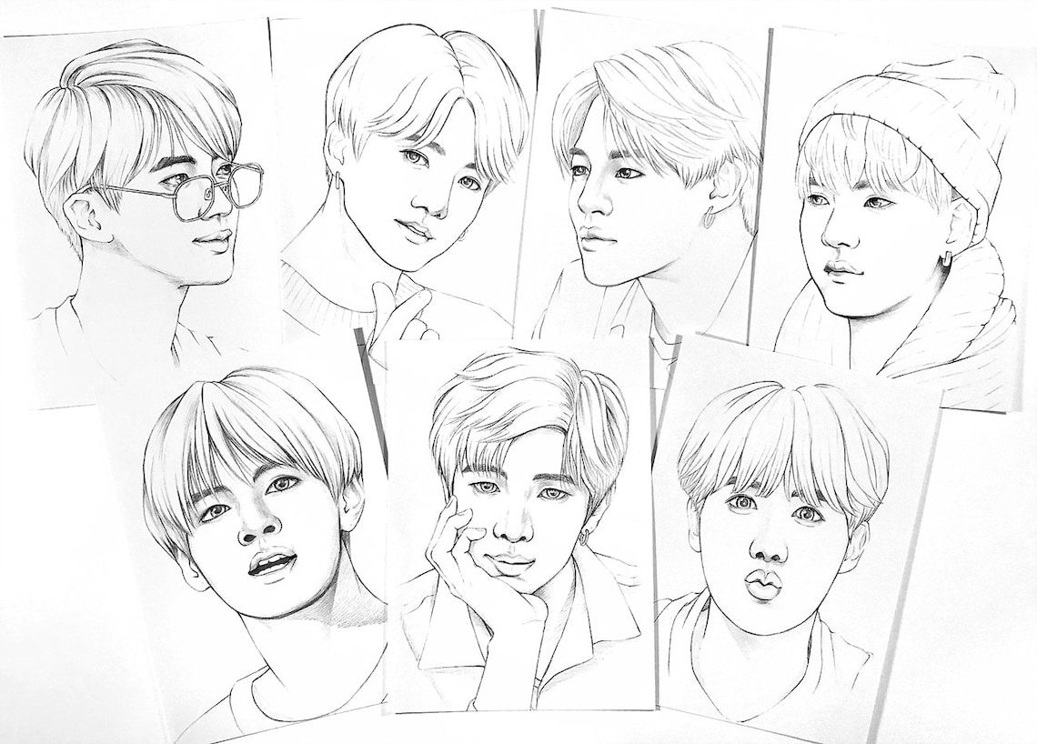 BTS Coloring Pages 14 BTS Realistic Drawings on Heavy Weight - Etsy
