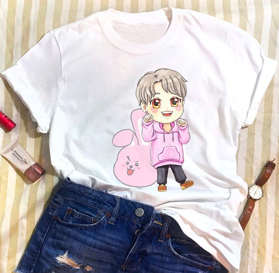 Bts Unisex White T Shirt Jungkook Jeon With Bt21 Cooky Chibi Etsy