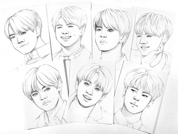 Bts Coloring Pages 14 Bts Realistic Drawings On Heavy Weight Etsy