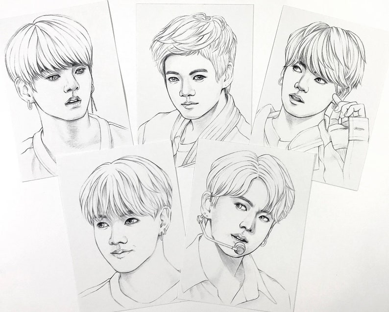 BTS Coloring pages 10 BTS Jungkook Jeon realistic drawings on heavy weight paper 5x7 inch