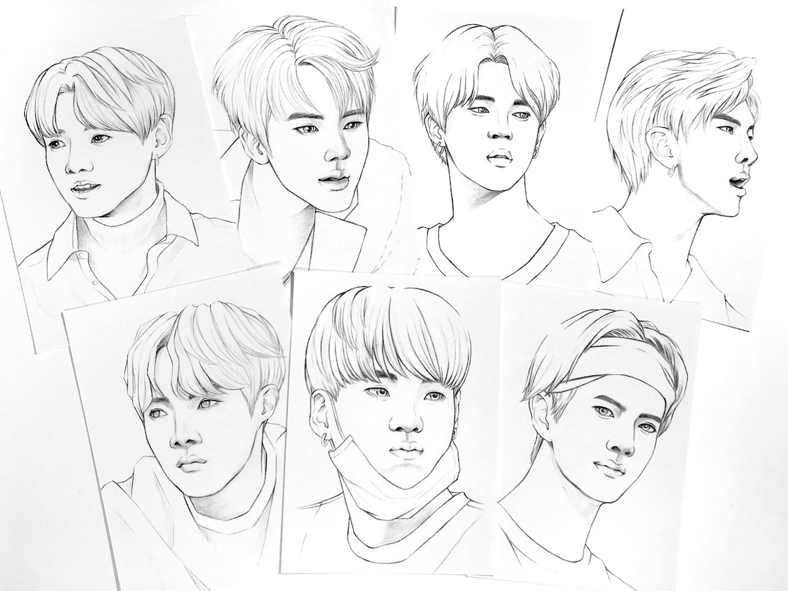 BTS Coloring Pages 14 BTS Realistic Drawings on Heavy Weight - Etsy ...