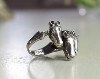 Triple Horse Head Sterling Silver 925 3D Animal Ring Size 6