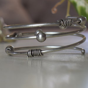 Sterling Silver Coil Spiral Bangle Bracelet Cuff with Moving Sliding Beads
