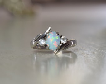 Opal and Faux Diamond Crystals 925 Sterling Silver Oval Ring Size 6.5