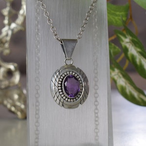 Vintage Faceted Purple Amethyst and Sterling Silver Oval Pendant Necklace image 1