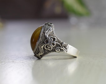 Tiger's Eye Floral Sterling Silver Adjustable Ring Size 7 and Up